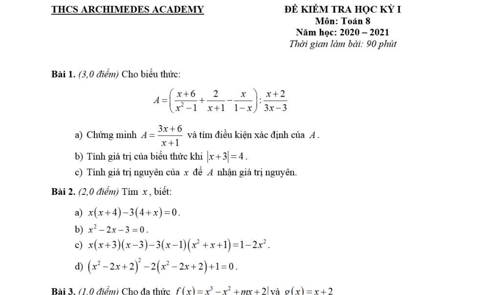 Toán 8-Đề kiểm tra cuối kỳ 1 Trường THCS Archimedes Academy năm học 2020-2021